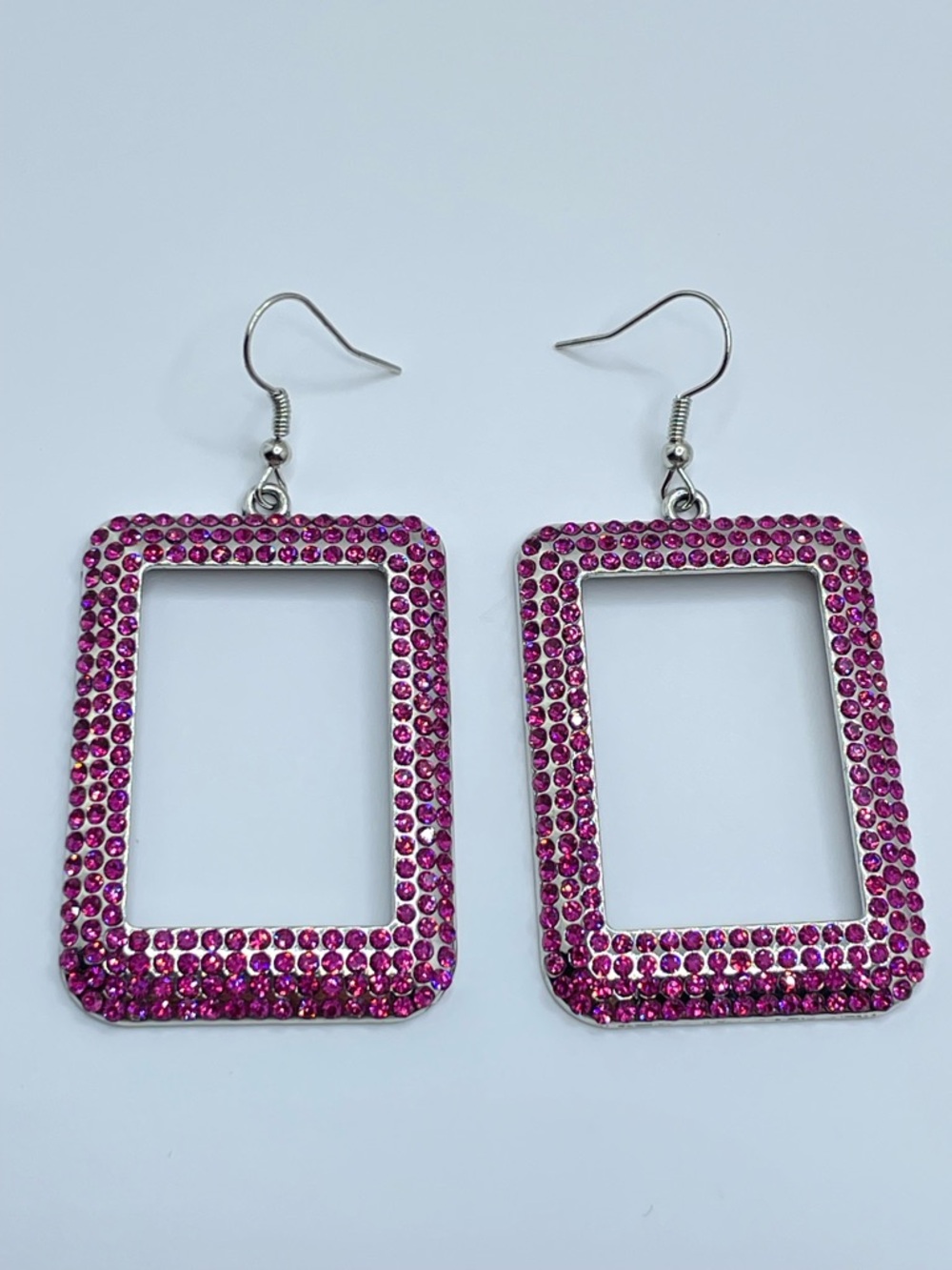 Silver Tone Pink Crystal Square Hoop Earrings Rhinestone Statement Bold